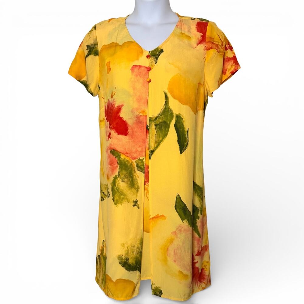 Vintage 90s Carole Little Yellow Floral Dress Sz 14 Layered Front Tropical
